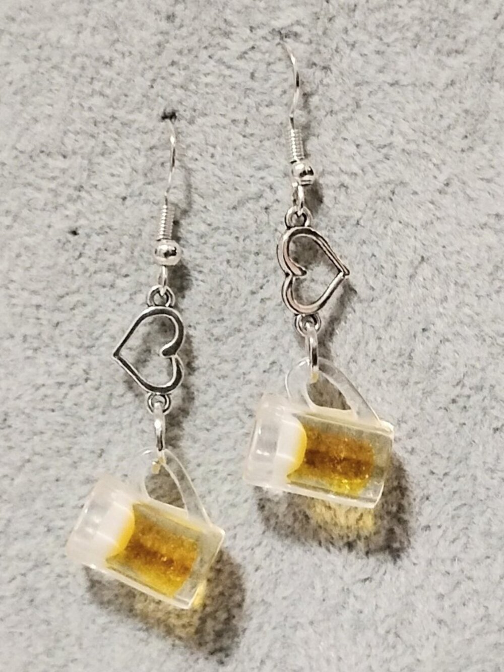 Handcrafted Fashion Jewelry 2" SP Beer Mug & Heart Charm Dangle Earrings